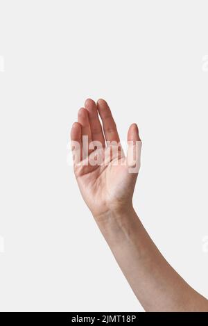 Die weibliche Hand auf Weiß hochheben. Stockfoto