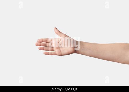 Begrüßung Handschlag erreicht weibliche Hand Geste auf weiß. Stockfoto