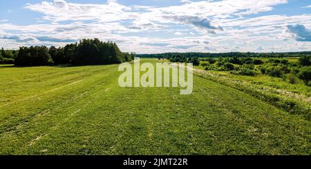 Ein leeres, frisch geschnittenes Feld im ländlichen wisconsin, auf dem Heuballen entstanden Stockfoto