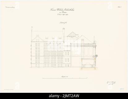 Unbekannter Architekt, Kaiser-Wilhelm-Bibliothek in Posen (25.03.1903): Riss-Seitenansicht mit Querschnitt 1: 100. Lithographie auf Karton, 64,6 x 89,1 cm (inklusive Scankanten) Hinckeldeyn Carl (1847-1927): Kaiser-Wilhelm-Bibliothek, Posen Stockfoto