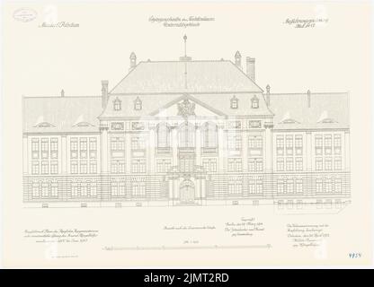 Unbekannter Architekt, Kadettenhaus der Garnison Potsdam. Nebengebäude (04/30/1913): Lehrgebäude: Riss Vorderansicht 1: 100. Lithographie auf Papier, 51,1 x 70,9 cm (einschließlich Scankanten) N.N. : Kadettenhaus der Garnison Potsdam. Ergändigungsbauten Stockfoto