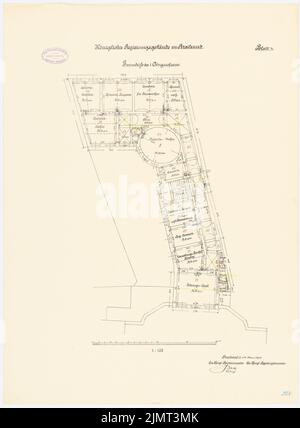 Unbekannter Architekt, Regierungsgebäude in Stralsund. Hauptkassen-Gebäude (01.05.1890): Grundriß 1. Stock 1: 100. Tintenfarben, über Lithographie auf Papier, 69,4 x 51 cm (einschließlich Scankanten) N.N. : Regierungsgebäude, Stralsund. Hauptkassengebäude Stockfoto