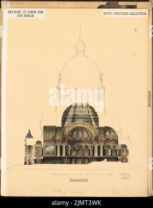 Schleicher Wilhelm (geboren 1857), Dom zu Berlin. Schinkel-Wettbewerb 1884 (19. November 1885): Längsschnitt. Tusche Aquarell, Gold auf Karton, 74,3 x 57,4 cm (inklusive Scankanten) Schleicher Wilhelm (geb. 1857): Berliner Dom. Schinkelwettbewerb 1884 Stockfoto