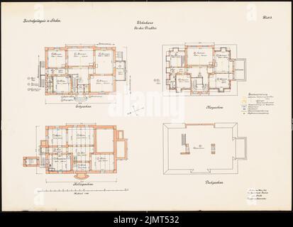 Unbekannter Architekt, Zentralgefängnis, Mühlenweg, Stuhm. Haus für den Direktor (1917): Grundriss KG, EG, OG, DG 1: 100. Tuschefarben, wasserfarben, mittels Lithographie auf Karton, 51,1 x 70,4 cm (inklusive Scankanten) N.N. : Zentralgefängnis, Mühlenweg, Stuhm. Wohnhaus für den Direktor Stockfoto