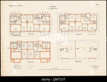 Unbekannter Architekt, Zentralgefängnis, Mühlenweg, Stuhm. Wohnhaus für zwei Geistliche (1917): Grundriss KG, EG, OG, DG 1: 100. Tintenfarben, wasserfarben, Überlithografie auf Karton, 50,9 x 70,6 cm (inklusive Scankanten) N.N. : Zentralgefängnis, Mühlenweg, Stuhm. Wohnhaus für zwei Geistliche Stockfoto