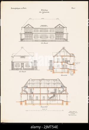 Unbekannter Architekt, Zentralgefängnis, Mühlenweg, Stuhm. Wohnhaus für zwei Geistliche (1917): Ansichten, Schnitte 1: 100. Lithographie Aquarell auf der Schachtel, 71,2 x 51 cm (inklusive Scankanten) N.N. : Zentralgefängnis, Mühlenweg, Stuhm. Wohnhaus für zwei Geistliche Stockfoto