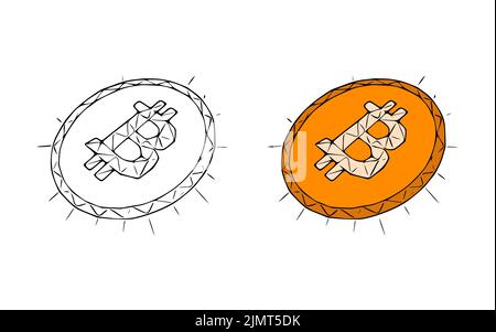 Bitcoin-Münzen Doodle-Symbol auf weißem Hintergrund isoliert Stockfoto