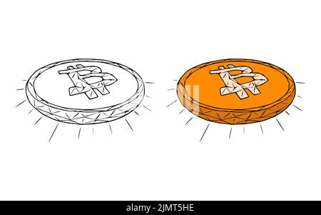 Bitcoin-Münzen Doodle-Symbol auf weißem Hintergrund isoliert Stockfoto