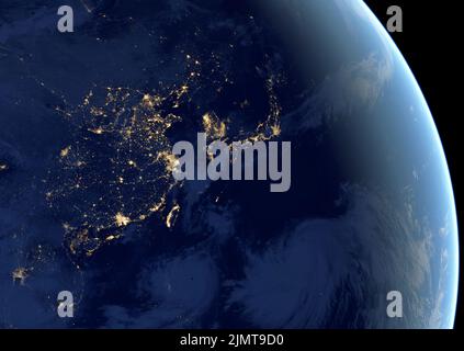 China, Taiwan, Korea und Japan bei Nacht auf dem Globus, Ostasien-Karte im Satellitenfoto. Blick auf die Lichter der Stadt auf der Erde, Eurasien im Südosten, den Pazifischen Ozean Stockfoto