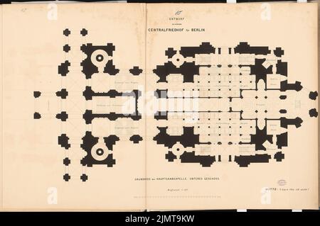 Plüddemann Richard (1846-1910), zentraler Friedhof für Berlin in Berlin-Charlottenburg. Schinkel Wettbewerb 1876 (1876): Hauptkapelle: Grundrissbecken 1: 100; Maßstab Bar. Tinte auf Karton, 78,1 x 117,7 cm (inklusive Scankanten) Plüddemann Richard (1846-1910): Zentralfriedhof für Berlin, Berlin-Charlottenburg. Schinkelwettbewerb 1876 Stockfoto