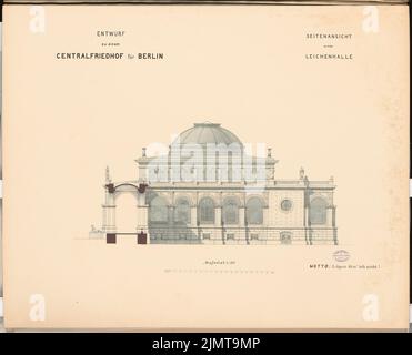 Plüddemann Richard (1846-1910), zentraler Friedhof für Berlin in Berlin-Charlottenburg. Schinkel-Wettbewerb 1876 (1876): Leichenhalle: Obere Seitenansicht 1: 100; Maßstabsbalken. Tusche Aquarell auf der Schachtel, 62,8 x 77,8 cm (inklusive Scan-Kanten) Plüddemann Richard (1846-1910): Zentralfriedhof für Berlin, Berlin-Charlottenburg. Schinkelwettbewerb 1876 Stockfoto