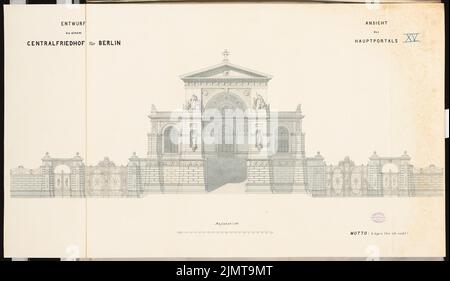 Plüddemann Richard (1846-1910), zentraler Friedhof für Berlin in Berlin-Charlottenburg. Schinkel Wettbewerb 1876 (1876): Haupteingang: Rising Vorderansicht 1: 100; Maßstab bar. Tusche Aquarell auf der Schachtel, 56,1 x 96,5 cm (inklusive Scan-Kanten) Plüddemann Richard (1846-1910): Zentralfriedhof für Berlin, Berlin-Charlottenburg. Schinkelwettbewerb 1876 Stockfoto