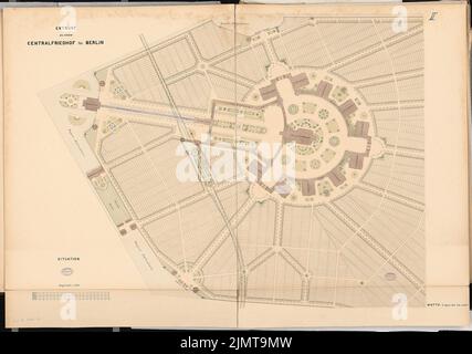 Plüddemann Richard (1846-1910), zentraler Friedhof für Berlin in Berlin-Charlottenburg. Schinkel-Wettbewerb 1876 (1876): Lageplan 1: 1000; Maßstabsbalken. Tusche Aquarell auf der Schachtel, 90,5 x 128,7 cm (inklusive Scan-Kanten) Plüddemann Richard (1846-1910): Zentralfriedhof für Berlin, Berlin-Charlottenburg. Schinkelwettbewerb 1876 Stockfoto