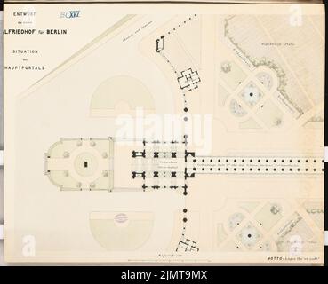 Plüddemann Richard (1846-1910), zentraler Friedhof für Berlin in Berlin-Charlottenburg. Schinkel-Wettbewerb 1876 (1876): Haupteingang: Lageplan 1: 300; Maßstab bar. Tusche Aquarell auf der Schachtel, 63,9 x 78,7 cm (inklusive Scan-Kanten) Plüddemann Richard (1846-1910): Zentralfriedhof für Berlin, Berlin-Charlottenburg. Schinkelwettbewerb 1876 Stockfoto