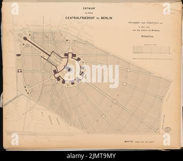 Plüddemann Richard (1846-1910), zentraler Friedhof für Berlin in Berlin-Charlottenburg. Schinkel-Wettbewerb 1876 (1876): Lageplan 1: 2500; Streifen im Maßstab 2. Tusche Aquarell auf der Schachtel, 65,7 x 79,2 cm (inklusive Scan-Kanten) Plüddemann Richard (1846-1910): Zentralfriedhof für Berlin, Berlin-Charlottenburg. Schinkelwettbewerb 1876 Stockfoto