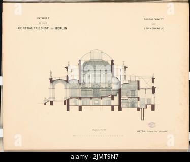 Plüddemann Richard (1846-1910), zentraler Friedhof für Berlin in Berlin-Charlottenburg. Schinkel-Wettbewerb 1876 (1876): Leichenhalle: Längsschnitt 1: 100; Maßstabsbalken. Tusche Aquarell auf der Schachtel, 63 x 78,4 cm (inklusive Scan-Kanten) Plüddemann Richard (1846-1910): Zentralfriedhof für Berlin, Berlin-Charlottenburg. Schinkelwettbewerb 1876 Stockfoto