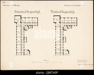 Poelzig Hans (1869-1936), Stadthaus. Schinkel-Wettbewerb 1898 (1898): Grundrisse 2. und 3. Etage 1: 200. Tinte auf Karton, 51,3 x 68,2 cm (inklusive Scankanten) Poelzig Hans (1869-1936): Stadthaus. Schinkelwettbewerb 1898 Stockfoto