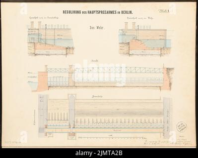 Gerhardt Paul (1847-1914), Flussregelung der Spree in Berlin-Mitte. Schinkel-Wettbewerb 1876 (1876): Wehr: (In Ausschnitten :) Grundriß, Ansicht, Längsschnitte 1: 100; Maßstabsbalken. Tusche Aquarell auf der Schachtel, 46,8 x 62,4 cm (inklusive Scan-Kanten) Gerhardt Paul (1847-1923): Flussregulierung der Spree, Berlin-Mitte. Schinkelwettbewerb 1876 Stockfoto