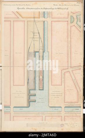 Havestadt Christian (1852-1908), Südkanal für Berlin. Schinkel-Wettbewerb 1878 (1878): Hafen: Abteilung 1: 1000; Maßstab bar. Tusche Aquarell auf der Schachtel, 97,9 x 63,5 cm (inklusive Scan-Kanten) Havestadt Christian (1852-1908): Südkanal für Berlin. Schinkelwettbewerb 1878 Stockfoto