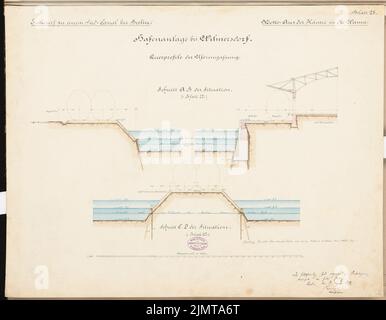 Havestadt Christian (1852-1908), Südkanal für Berlin. Schinkel-Wettbewerb 1878 (1878): Hafen: Querschnitten der Kaimauer 1: 100; Maßstab Bar. Tusche Aquarell auf der Schachtel, 48,5 x 62,5 cm (inklusive Scan-Kanten) Havestadt Christian (1852-1908): Südkanal für Berlin. Schinkelwettbewerb 1878 Stockfoto