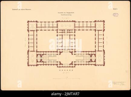Wittig Paul (1853-1943), Museum (06,1886): Grundriß Hauptgeschoss. Tusche, Tusche farbig, Aquarell auf Karton, 70,8 x 102,2 cm (inklusive Scan-Kanten) Wittig Paul (1853-1943): Museum Stockfoto
