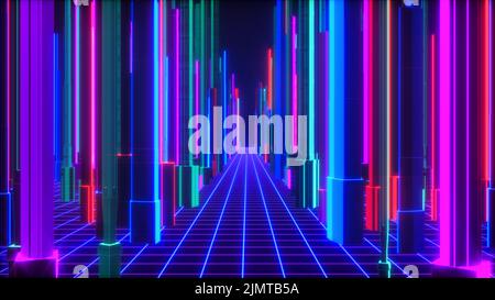 Ein futuristischer Hintergrund mit neonglühenden Würfeln (3d-Rendering) Stockfoto