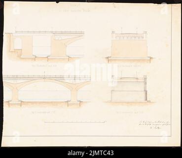 Baltzer W., massive Brücke mit Schiffspassage (ohne Datum): 2 Längsschnitte, 2 Querschnitte. Tusche Aquarell auf der Schachtel, 41,7 x 51,2 cm (inklusive Scan-Kanten) Baltzer W. : massive Brücke mit Schiffsdurchlass Stockfoto