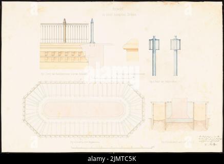 Baltzer W., massive Brücke mit Schiffspassage (ohne Datum): Grundriß Fangdamm, Querschnitt Fangdamm, Details: Haupt-Gesims, Kampfkornice, Abfalltrichter. Tusche Aquarell auf Papier, 39,9 x 58,1 cm (inklusive Scankanten) Baltzer W. : massive Brücke mit Schiffsdurchlass Stockfoto