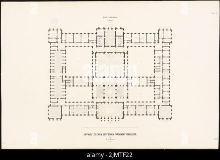 Summer Oscar (1840-1894), Reichstag, Berlin. Erster Wettbewerb (1872): Grundriß Obergeschoss. Tinte auf Karton, 83,7 x 122,5 cm (inklusive Scan-Kanten) Sommer Oscar (1840-1894): Reichstag, Berlin. Erster Wettbewerb Stockfoto