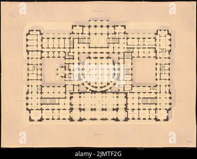 Summer Oscar (1840-1894), Reichstag, Berlin. Zweiter Wettbewerb (1882): Grundriss Basement. Tusche, Tusche farbig, Aquarell auf Karton, 69,6 x 91,7 cm (inklusive Scankanten) Sommer Oscar (1840-1894): Reichstag, Berlin. Zweiter Wettbewerb Stockfoto