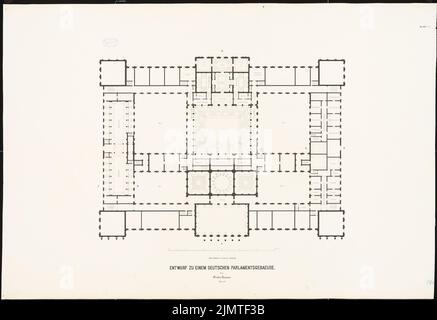 Summer Oscar (1840-1894), Reichstag, Berlin. Erster Wettbewerb (1872): Grundriß Dachgeschoss. Tinte auf Karton, 84 x 122,3 cm (inklusive Scan-Kanten) Sommer Oscar (1840-1894): Reichstag, Berlin. Erster Wettbewerb Stockfoto