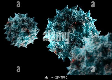 Illustration der medizinischen Wissenschaft des Poliovirus, 3D Darstellung des Poliovirus auf schwarzem Hintergrund. Stockfoto