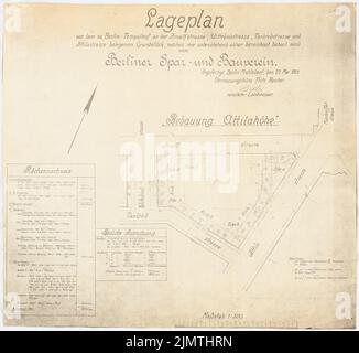 Hoffmann Franz, Siedlung Attilahöhe, Berlin-Tempelhof (1936): Arnulfstraße, Wittekindstraße, Tankredstraße, Attilastraße: Lageplan und Landdetektor. Fotokopie auf Karton, 77,1 x 83,8 cm (inklusive Scan-Kanten) Hoffmann Franz (1884-1951): Siedlung Attilahöhe, Berlin-Tempelhof Stockfoto