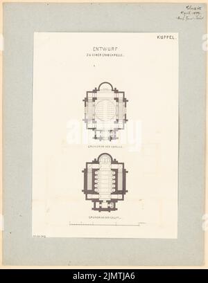 Thür Georg (1846-1924), Grabkapelle. Monatlicher Wettbewerb April 1872 (04,1872): Grundriss Keller, Erdgeschoss; Scale Bar. Tusche Aquarell auf Papier, 47,4 x 36,5 cm (inklusive Scankanten) Thür Georg (1846-1924): Grabkapelle. Monatskurrenz April 1872 Stockfoto