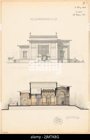 Zaar Heinrich (1847-1904), Maleratelier. Monatlicher Wettbewerb März 1874 (03,1874): Riss-Seitenansicht, Längsschnitt; Maßstabsbalken. Tusche Aquarell auf der Schachtel, 52,1 x 35,2 cm (inklusive Scan-Kanten) Zaar Heinrich (1847-1904): Maleratelierin. Monatskurrenz März 1874 Stockfoto