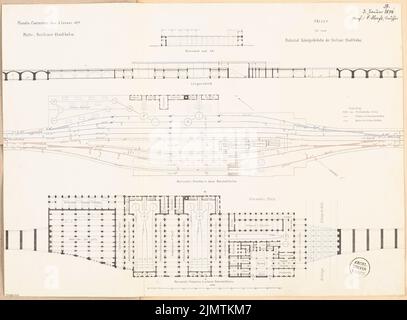 Höft Christian (1847-1935), Bahnhof Viadukten - Alexanderplatz Stadtbahnhof in Berlin. Monatlicher Wettbewerb Januar 1874 (01,1874): Grundrissplan, Grundrissplan, Längsschnitt, Querschnitt; 1: 500, Skalenbalken. Tinte auf Karton, 49,3 x 66,8 cm (inklusive Scankanten) Höft Christian (1847-1935): Bahnhof auf Viadukten - Stadtbahnhof Alexanderplatz, Berlin. Monatskurrenz Januar 1874 Stockfoto