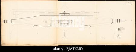 Unbekannter Architekt, Bahnhof Viadukten - Alexanderplatz Stadtbahnhof in Berlin. Monatlicher Wettbewerb im Januar 1874 (01,1874): Grundrissplan mit Grundrissplan; Skalenbalken. Tusche Aquarell auf der Schachtel, 47,1 x 139,5 cm (einschließlich Scankanten) N.N. : Bahnhof auf Viadukten - Stadtbahnhof Alexanderplatz, Berlin. Monatskurrenz Januar 1874 Stockfoto