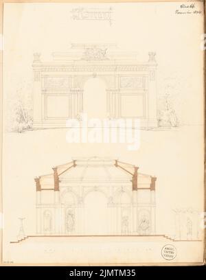 Unbekannter Architekt, Ausstellungsgebäude. Monatlicher Wettbewerb November 1874 (11,1874): Riss-Seitenansicht (schmale Seite), Querschnitt; Skalenbalken. Bleistift-Aquarell auf der Schachtel, 57,6 x 44,5 cm (einschließlich Scankanten) N.N. : Ausstellungsgebäude. Monatskurrenz November 1874 Stockfoto