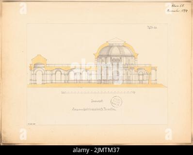 Unbekannter Architekt, Ausstellungsgebäude. Monatlicher Wettbewerb November 1874 (11,1874): Längsschnitt; Skalenbalken. Tinte und Bleistift, Wasserfarben auf der Schachtel, 43,4 x 57,7 cm (einschließlich Scankanten) N.N. : Ausstellungsgebäude. Monatskurrenz November 1874 Stockfoto