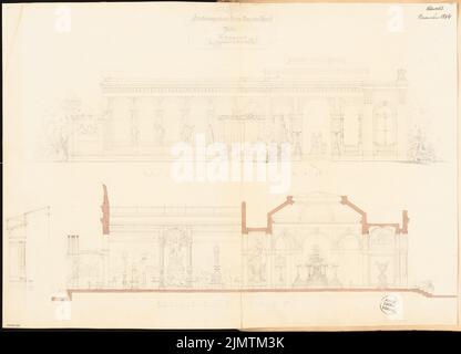 Unbekannter Architekt, Ausstellungsgebäude. Monatlicher Wettbewerb November 1874 (11,1874): Riss-Seitenansicht (Eingangsseite), Längsschnitt, vertikaler Fassadenschnitt; Massstab. Bleistift-Aquarell auf der Schachtel, 57,9 x 80,2 cm (einschließlich Scankanten) N.N. : Ausstellungsgebäude. Monatskurrenz November 1874 Stockfoto