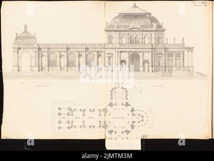 Unbekannter Architekt, Ausstellungsgebäude. Monatlicher Wettbewerb am 1874. November (11,1874): Grundriß, Vorderansicht der Vorfahren; Streifen im Maßstab 2. Tinte und Bleistift, Wasserfarben auf der Schachtel, 63,6 x 90,1 cm (einschließlich Scankanten) N.N. : Ausstellungsgebäude. Monatskurrenz November 1874 Stockfoto