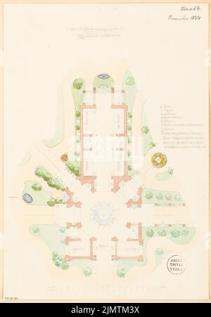 Unbekannter Architekt, Ausstellungsgebäude. Monatlicher Wettbewerb 1874. November (11,1874): Grundriß (mit Gartenplan); Maßstabsbalken, Legende. Bleistift-Aquarell auf der Schachtel, 52 x 36,2 cm (einschließlich Scankanten) N.N. : Ausstellungsgebäude. Monatskurrenz November 1874 Stockfoto