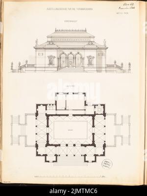 Unbekannter Architekt, Ausstellungsgebäude. Monatlicher Wettbewerb 1874. November (11,1874): Grundriß, Vorderansicht der Vorfahren; Skala bar. Tusche Aquarell auf der Schachtel, mit Bleistift ergänzt, 58,7 x 46,5 cm (inklusive Scankanten) N.N. : Ausstellungsgebäude. Monatskurrenz November 1874 Stockfoto