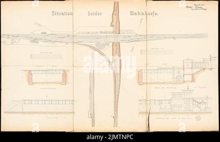 Contag Max (1852-1930), Crossing Station. Monatlicher Wettbewerb November 1875: Lageplan 1: 1000, Umriss, 2 Längsschnitte, Querschnitt 1: 100; Maßstabsstreifen 2. Tusche Aquarell auf der Schachtel, 86,70 x 143,60 cm (inklusive Scankante). Architekturmuseum der Technischen Universität Berlin Inv. Nr. Mk 41-061. Contag Max (1852-1930): Kreuzungsbahnhof. Monatskurrenz November 1875 Stockfoto