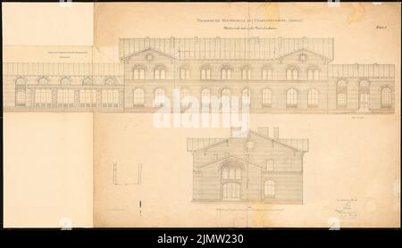 Raschdorff Julius (1823-1914), Technische Universität Berlin. Mechanisch-technische Prüfstation: Vorderansicht mit Anbau, Seitenansicht 1: 150. Tinte, Bleistift Überdruck auf Karton, 76,80 x 135,00 cm (inklusive Scankante). Architekturmuseum der Technischen Universität Berlin Inv. Nr. 20276. Raschdorff Julius (1823-1914): Technische Hochschule Berlin. Mechanisch-Technische Versuchsstation Stockfoto