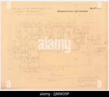 Schonert Erich, Neubau eines Wohngebäudes für den Staatsrat Gründgens im Bellevuepark in Berlin (15. März 1940): Grundriss Keller 1: 100. Leichter Bruch auf Papier, 44 x 52,9 cm (inklusive Scankanten) Schonert Erich (geb. 1881): Neubau eines Wohnhauses für Staatsrat Gründgens im Bellevuepark, Berlin Stockfoto