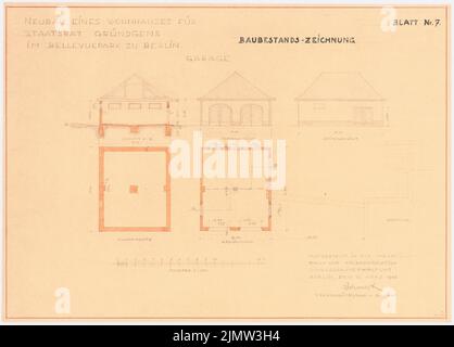 Schonert Erich, Neubau eines Wohnhauses für Staatsrat Gründgen im Bellevuepark in Berlin. Garage (03/15/1940): Grundrisse Fundament, Erdgeschoss, Aussicht, Schnitt die Garage 1: 100. Lichtbruch Wasserfarben auf Papier, 37 x 51,6 cm (inklusive Scankanten) Schonert Erich (geb. 1881): Neubau eines Wohnhauses für Staatsrat Gründgens im Bellevuepark, Berlin. Garage Stockfoto