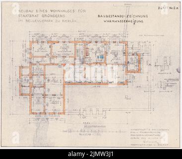 Schonert Erich, Neubau eines Wohngebäudes für den Staatsrat Gründgens im Bellevuepark in Berlin (15. März 1940): Warmwasserheizung im Untergeschoss 1: 100. Lichtbruch Wasserfarben auf Papier, 41,7 x 51 cm (inklusive Scankanten) Schonert Erich (geb. 1881): Neubau eines Wohnhauses für Staatsrat Gründgens im Bellevuepark, Berlin Stockfoto