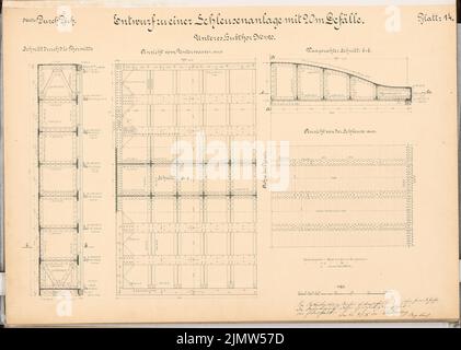 Wattenberg Ernst, Schleusenanlage bei Waren/Müritz. Schinkel Wettbewerb 1900 (04.11.1901): Lower Hublestor 1:20. Tinte auf Karton, 49,3 x 69,1 cm (inklusive Scankanten) Wattenberg Ernst : Schleusenanlage, Waren/Müritz. Schinkelwettbewerb 1900 Stockfoto