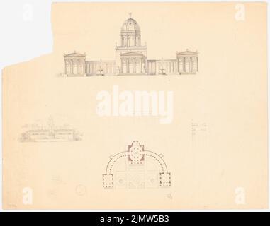 Langhans Carl Ferdinand (1782-1869), Sommerpalast in ländlicher Umgebung (ca. 1870): Ansichten, Grundrisse und Skizzen. Bleistift Aquarell auf Papier, 54,5 x 69,2 cm (inklusive Scan-Kanten) Langhans Carl Ferdinand (1782-1869): Sommerpalais in ländischer Umgebung Stockfoto